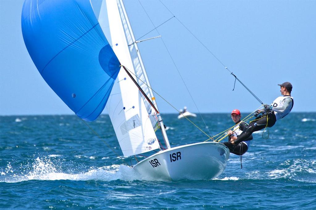 Ido Bilik and Ofek Shalgi (ISR) about to win Race 3 Mens 420 - Aon Youth Worlds 2016, Torbay, Auckland, New Zealand, Day 2 © Richard Gladwell www.photosport.co.nz